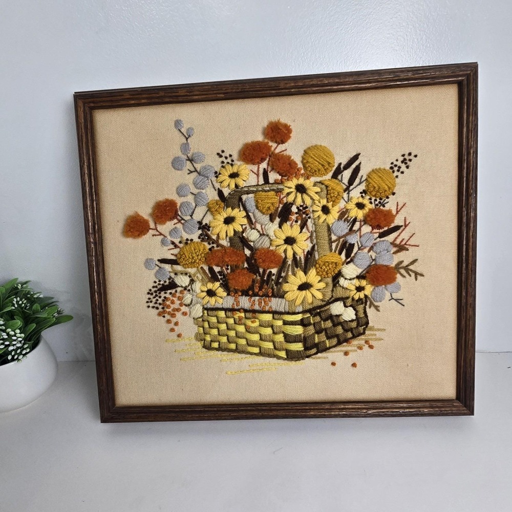 Vtg Crewel Embroidery Framed Wall Art Floral Basket 15.75x17.5 Cottagecore